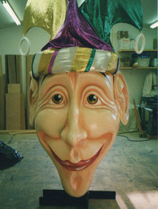 large custom foam sculpture jester head for mardi gras, large sculpted props, custom foam sculpture